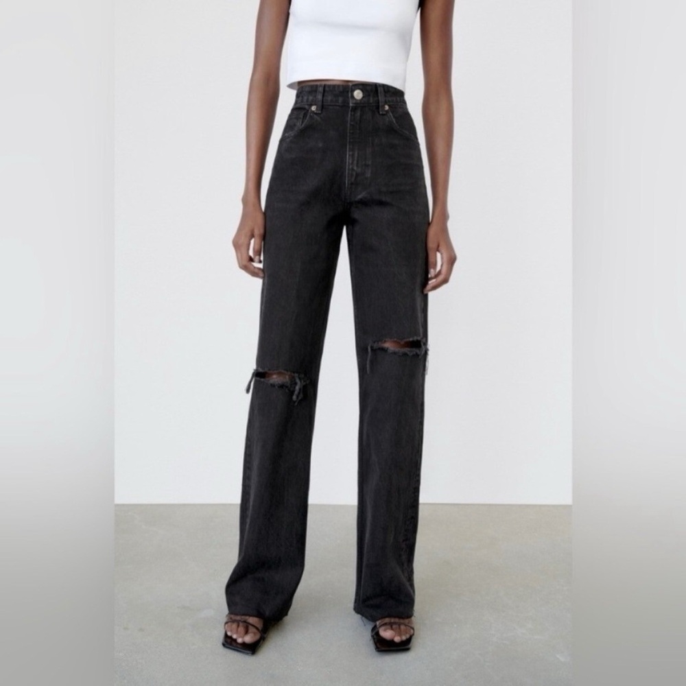 Zara Black Distressed Ripped Knee High Waisted Wide Leg Jeans Cuffed Denim